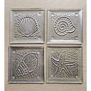Coasters-Glass-Clear-Silver-Sea Shells-Star Fish-Nautical-Square-Ocean-Beach